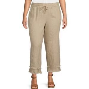 John Mark 100% Linen Wide Leg Cropped Pants Size XL Tan Natural Fringe Hem